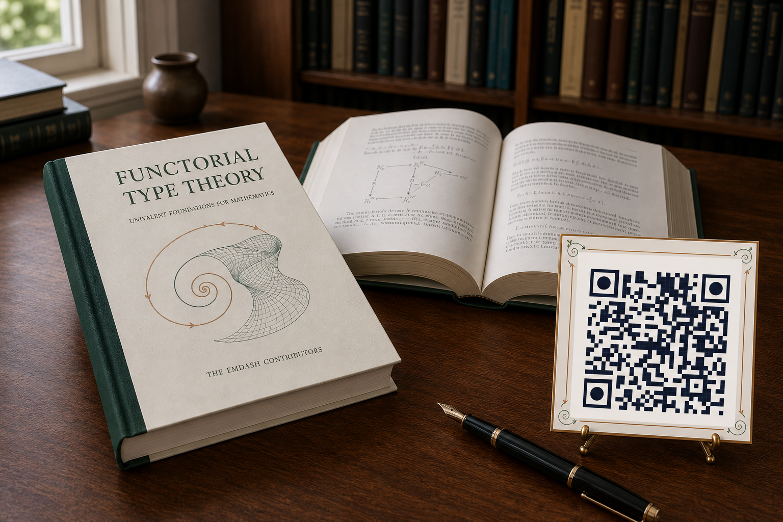 A finished mathematics book, open pages, and its profile QR card on a study desk