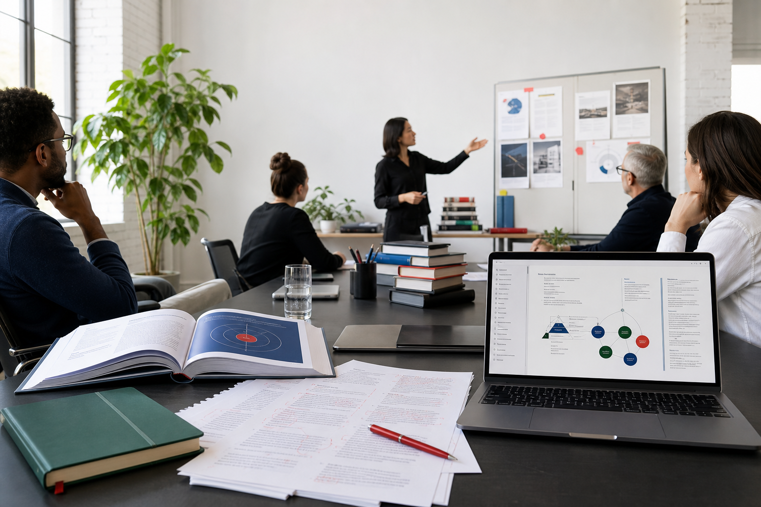 A professional publishing seminar with books, working papers, and a live AI workspace